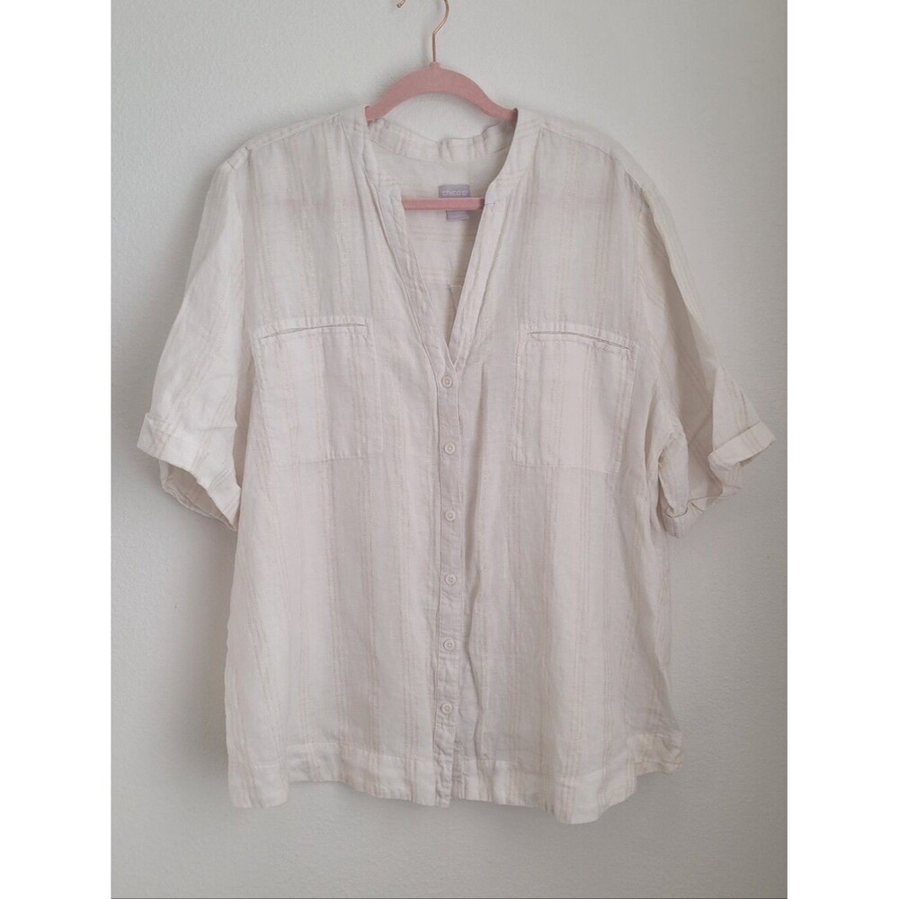 Chico's Linen Metallic Gold Pinstripe Button Front Blouse Top White Size 4 XXL